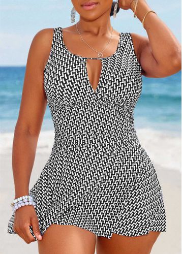 Cut Out Geometric Print Black One Piece Swimdress - unsigned - Modalova