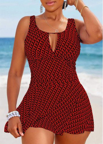 Cut Out Geometric Print Red One Piece Swimdress - unsigned - Modalova