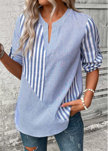 Dusty Blue Split Striped 3/4 Sleeve Blouse - unsigned - Modalova