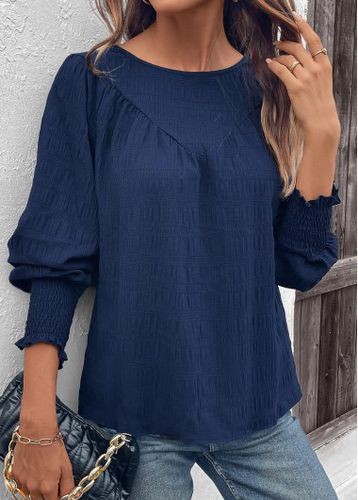 Navy Smocked Long Sleeve Round Neck Blouse - unsigned - Modalova