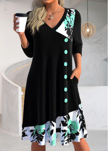 Black Button Floral Print Long Sleeve V Neck Dress - unsigned - Modalova