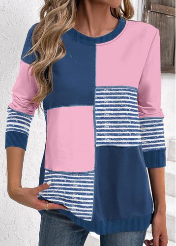 Blue Patchwork Striped Belted Long Sleeve Round Neck Jacket - unsigned - Modalova