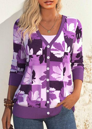 Violet Button Leaf Print Long Sleeve Lightweight Cardigan - unsigned - Modalova