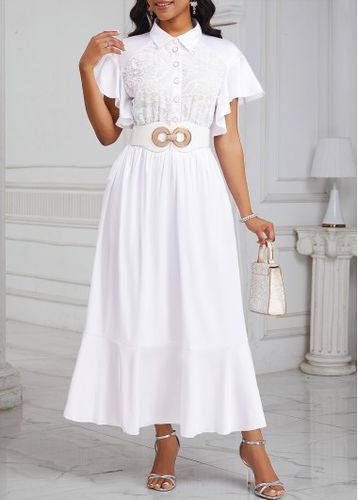 White Lace Short Sleeve Shirt Collar Dress - unsigned - Modalova