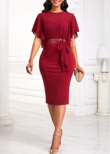 Wine Red Tie Belted Short Sleeve Bodycon Dress - unsigned - Modalova