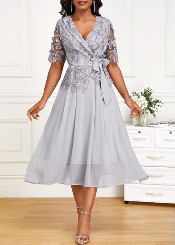 Light Grey Embroidery Short Sleeve Cross Collar Dress - unsigned - Modalova