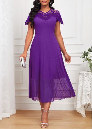Purple Embroidery Short Sleeve V Neck Dress - unsigned - Modalova