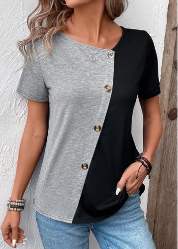 Grey Button Short Sleeve Asymmetrical Neck T Shirt - unsigned - Modalova