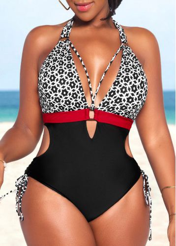 Cut Out Geometric Print Black One Piece Swimwear - unsigned - Modalova