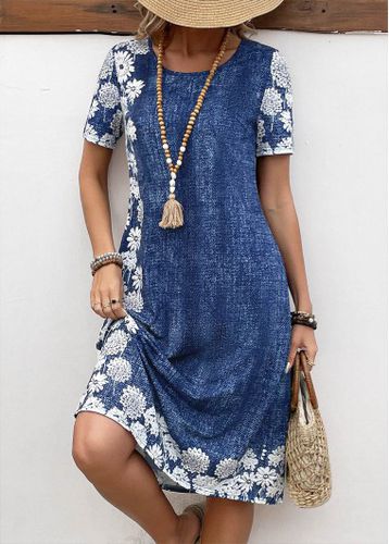 Denim Blue Pocket Floral Print A Line Dress - unsigned - Modalova