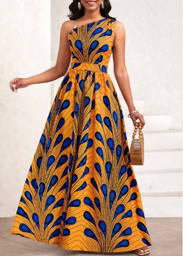 Orange Asymmetry Feathers Print Sleeveless One Shoulder Maxi Dress - unsigned - Modalova