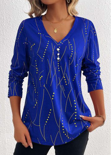 Dark Blue Button Geometric Print Long Sleeve T Shirt - unsigned - Modalova