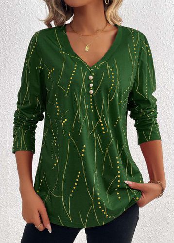 Green Button Geometric Print Long Sleeve T Shirt - unsigned - Modalova