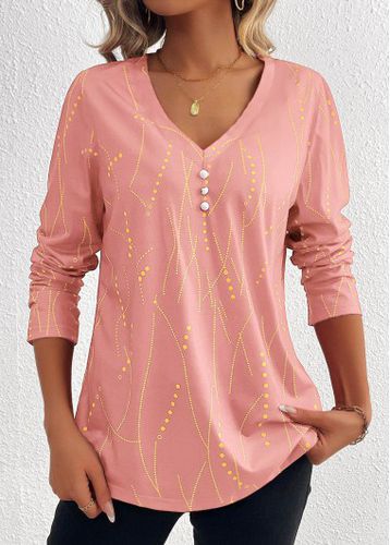 Pink Button Geometric Print Long Sleeve T Shirt - unsigned - Modalova