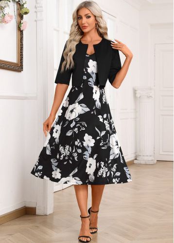 Black Two Piece Floral Print Dress and Cardigan - unsigned - Modalova