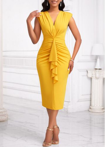 Yellow Ruffle Short Sleeve V Neck Bodycon Dress - unsigned - Modalova