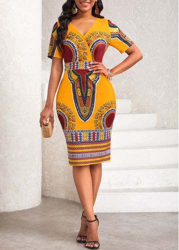 Orange Patchwork African Tribal Print Short Sleeve Bodycon Dress - unsigned - Modalova