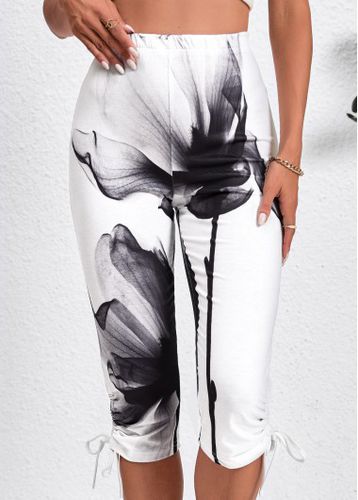 White Drawstring Ink Painting Print Skinny Elastic Waist Pants - unsigned - Modalova