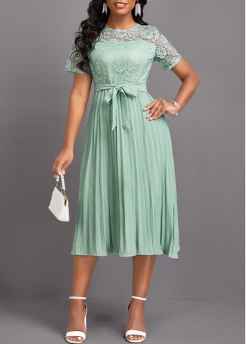 Light Green Lace Belted Short Sleeve Round Neck Dress - unsigned - Modalova