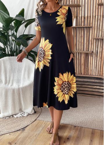 Black Pocket Sunflower Print Short Sleeve Round Neck Dress - unsigned - Modalova