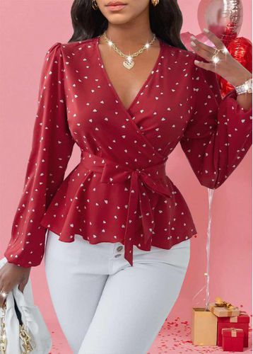 Red Patchwork Heart Print Belted Long Sleeve Blouse - unsigned - Modalova