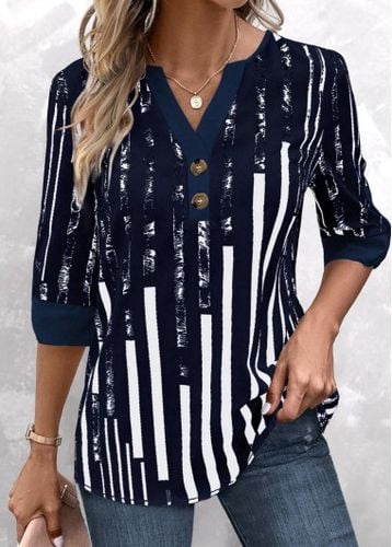 Navy Patchwork Striped 3/4 Sleeve Split Neck Blouse - unsigned - Modalova