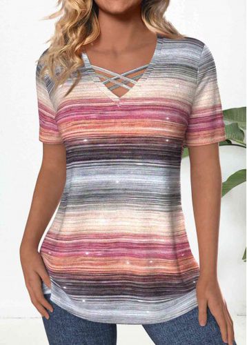 Multi Color Criss Cross Striped Short Sleeve T Shirt - unsigned - Modalova