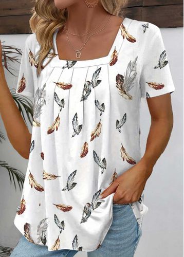 White Ruched Feathers Print Short Sleeve T Shirt - unsigned - Modalova