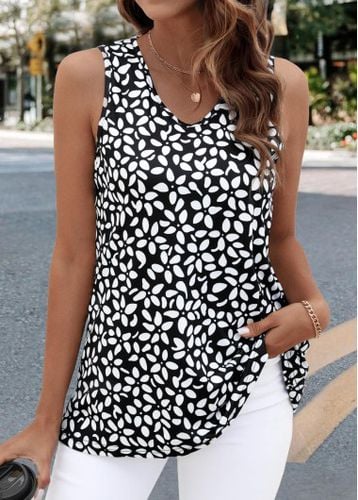 Black Geometric Print Sleeveless V Neck Tank Top - unsigned - Modalova