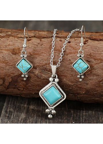 Turquoise Square Alloy Earrings and Necklace - unsigned - Modalova