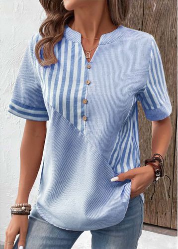 Light Blue Patchwork Striped Short Sleeve Split Neck Blouse - unsigned - Modalova