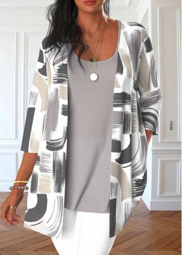 Grey Two Piece Graffiti Print Cardigan and Tank Top - unsigned - Modalova