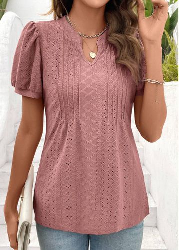 Pink Tuck Stitch Short Sleeve Split Neck T Shirt - unsigned - Modalova