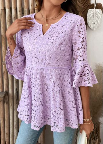 Light Purple Lace Long Sleeve Round Neck T Shirt - unsigned - Modalova
