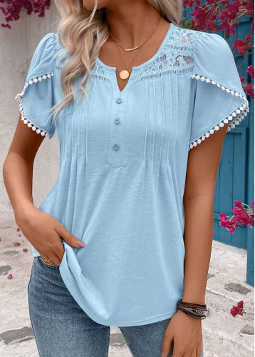 Blue Lace Short Sleeve Split Neck T Shirt - unsigned - Modalova