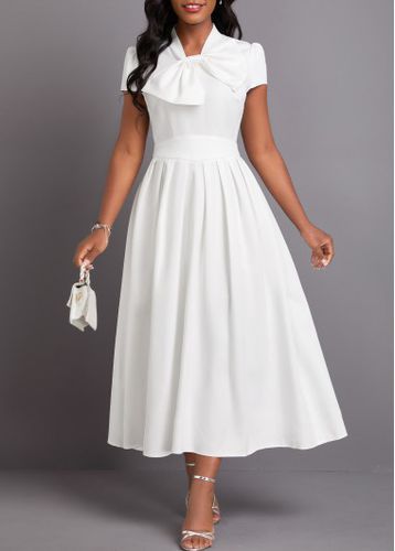 White Bowknot Short Sleeve Stand Collar Dress - unsigned - Modalova