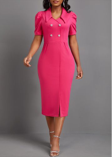 Hot Pink Button Short Sleeve Bodycon Dress - unsigned - Modalova