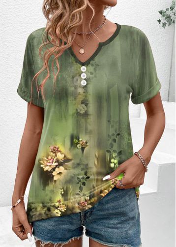 Sage Green Button Floral Print Short Sleeve T Shirt - unsigned - Modalova