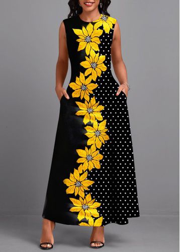 Black Double Side Pockets Floral Print Sleeveless Maxi Dress - unsigned - Modalova