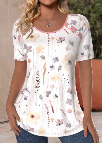 White Button Floral Print Short Sleeve T Shirt - unsigned - Modalova