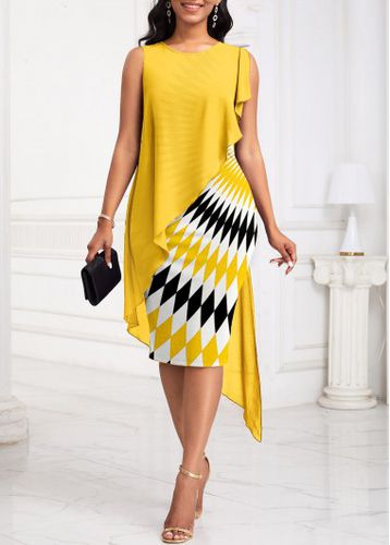 Yellow Patchwork Wave Pattern Print Sleeveless Bodycon Dress - unsigned - Modalova