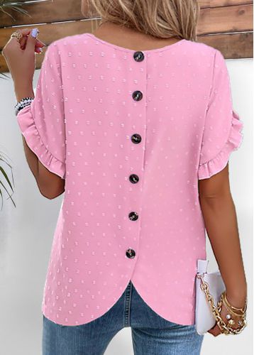 Pink Button Short Sleeve Round Neck Blouse - unsigned - Modalova