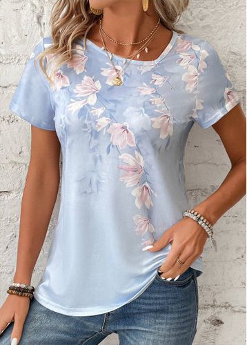 Light Blue Asymmetry Floral Print Short Sleeve T Shirt - unsigned - Modalova