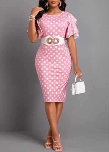 Pink Layered Polka Dot Short Sleeve Bodycon Dress - unsigned - Modalova