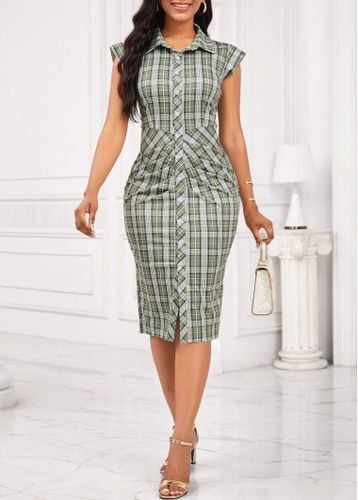 Sage Green Button Plaid Short Sleeve Bodycon Dress - unsigned - Modalova