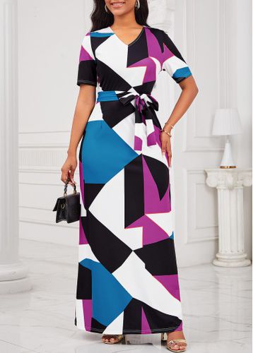 Multi Color Bowknot Geometric Print Maxi Belted Bodycon Dress - unsigned - Modalova