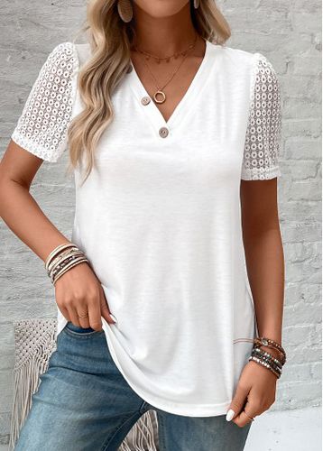 White Patchwork Short Sleeve V Neck T Shirt - unsigned - Modalova