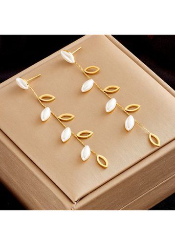Gold Leaf Hollow Geometric Pearl Earrings - unsigned - Modalova