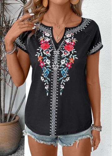 Black Floral Print Short Sleeve Split Neck T Shirt - unsigned - Modalova