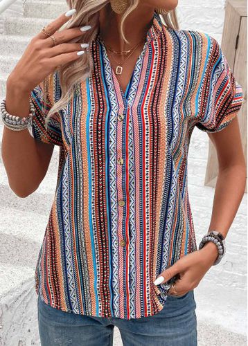 Multi Color Button Tribal Print Short Sleeve Blouse - unsigned - Modalova